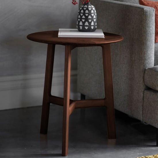Product photograph of Madrina Round Wooden Side Table In Walnut from Furniture in Fashion