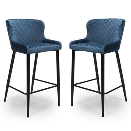 Product photograph of Malmo Blue Velvet Fabric Bar Stool With Metal Base In Pair from Furniture in Fashion