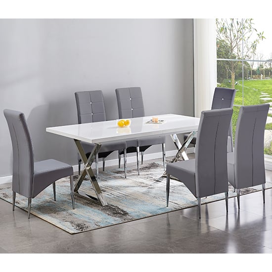 Mayline Extending White Dining Table With 6 Vesta Grey Chairs