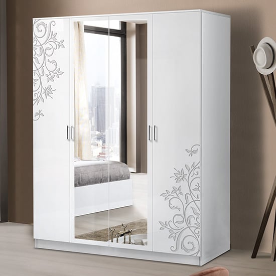 Product photograph of Mayon Mirrored 4 Doors Wardrobe In Flower Pattern White Gloss from Furniture in Fashion
