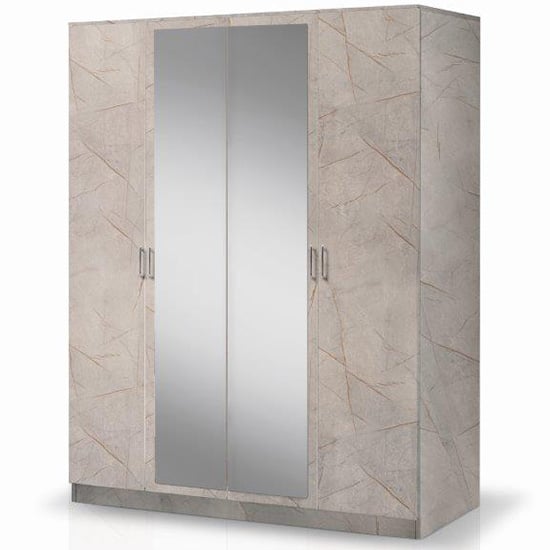 Product photograph of Mayon Mirrored Wooden 4 Doors Wardrobe In Grey Marble Effect from Furniture in Fashion