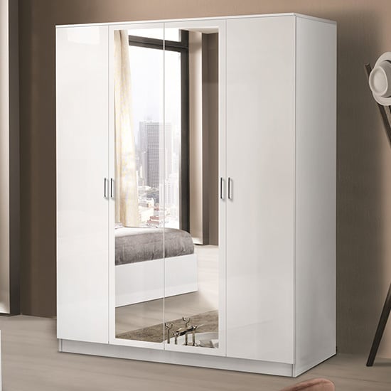 Product photograph of Mayon Mirrored Wooden 4 Doors Wardrobe In White High Gloss from Furniture in Fashion
