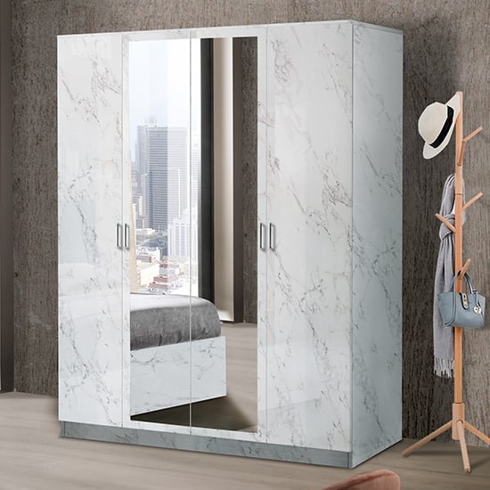 Product photograph of Mayon Mirrored Wooden 4 Doors Wardrobe In White Marble Effect from Furniture in Fashion