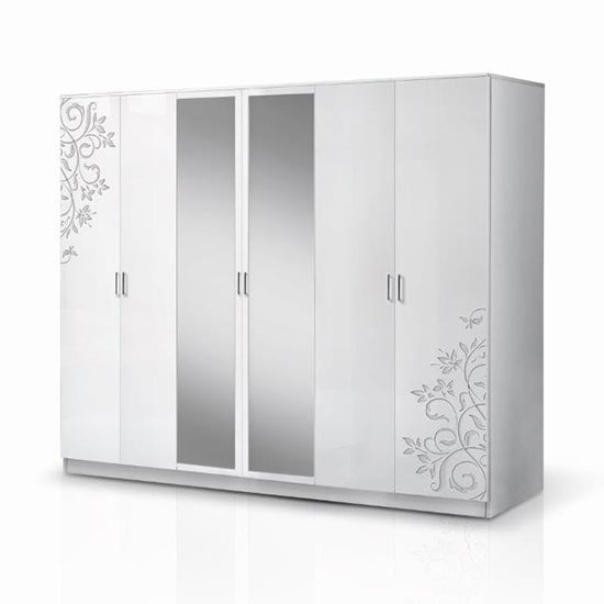 Product photograph of Mayon Mirrored 6 Doors Wardrobe In Flower Pattern White Gloss from Furniture in Fashion