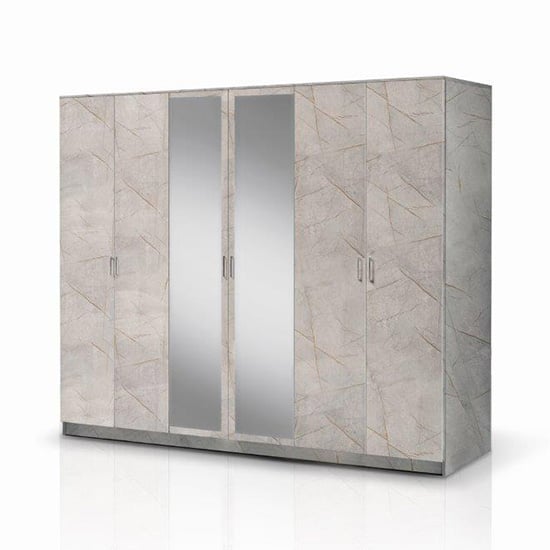 Product photograph of Mayon Mirrored Wooden 6 Doors Wardrobe In Grey Marble Effect from Furniture in Fashion