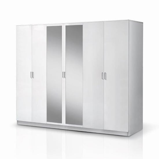 Product photograph of Mayon Mirrored Wooden 6 Doors Wardrobe In White High Gloss from Furniture in Fashion