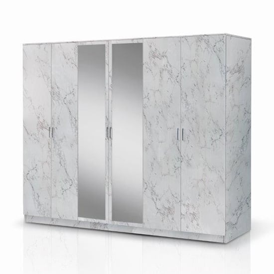 Product photograph of Mayon Mirrored Wooden 6 Doors Wardrobe In White Marble Effect from Furniture in Fashion