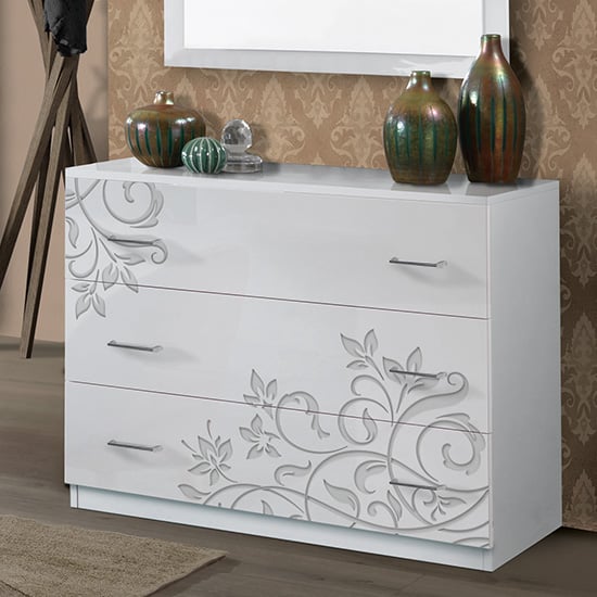 Product photograph of Mayon Wooden Chest Of Drawers In Flower Pattern White Gloss from Furniture in Fashion