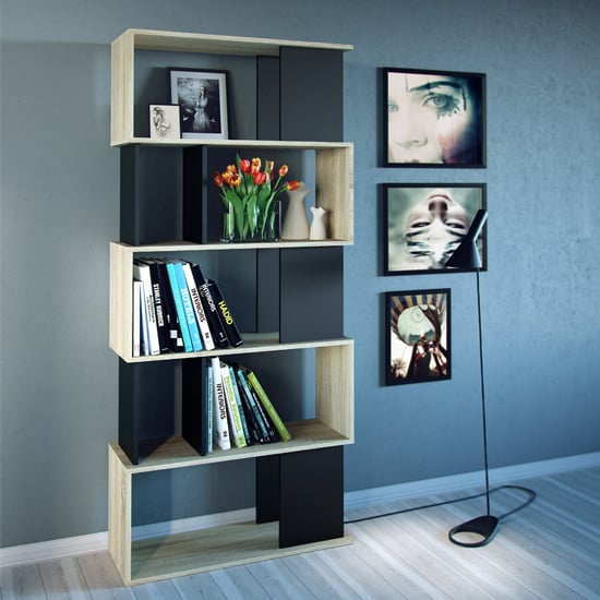 Product photograph of Mazika Wooden 4 Shelves Open Bookcase In Oak And Black from Furniture in Fashion