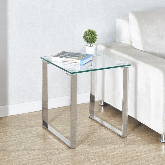 Product photograph of Megan Clear Glass Side Lamp Table With Chrome Legs from Furniture in Fashion