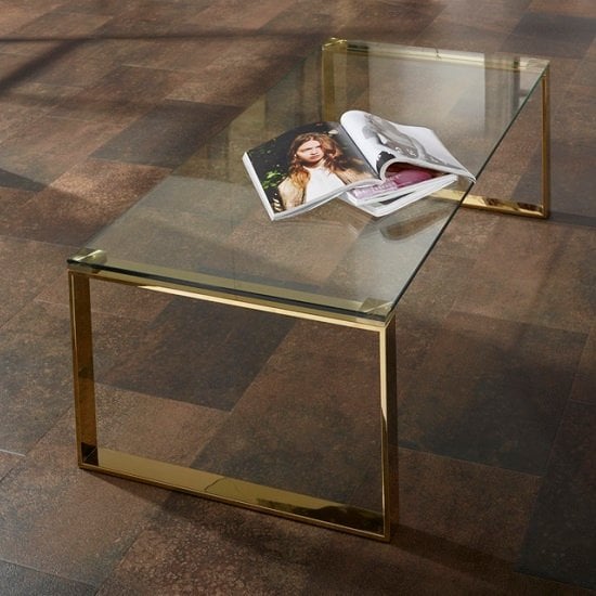 Product photograph of Megan Clear Glass Rectangular Coffee Table With Gold Legs from Furniture in Fashion