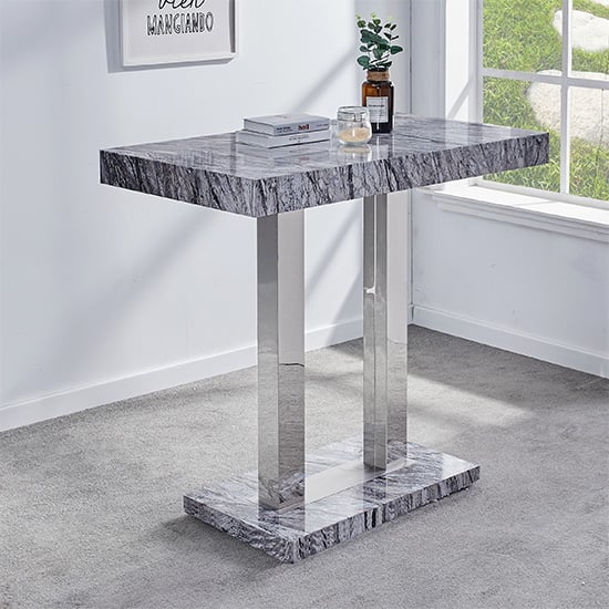 Melange Marble Effect High Gloss Bar Table In Dark Grey