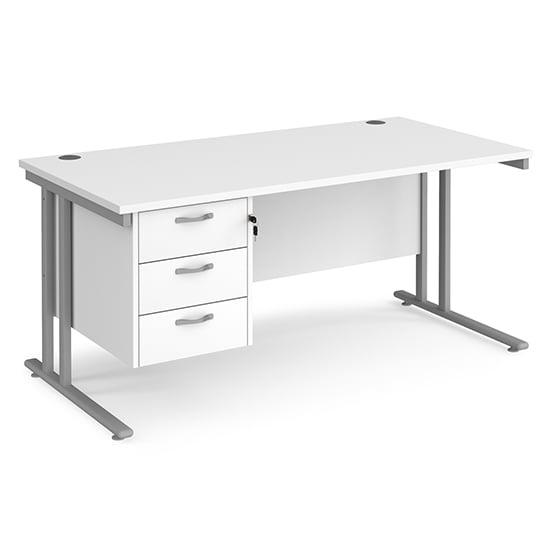 Melor 1600mm Cantilever 3 Drawers Computer Desk In White Silver