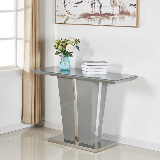 Memphis Console Table In Grey High Gloss With Glass Top