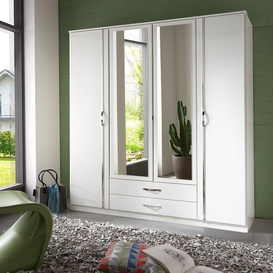 Product photograph of Milden Mirrored Wardrobe Large In White With 4 Doors from Furniture in Fashion
