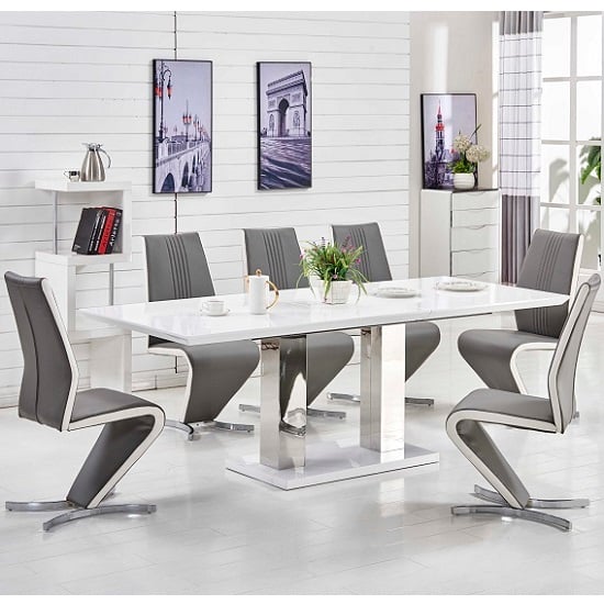 Monton Small Extending White Dining Table 6 Gia Grey Chairs