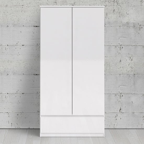 Product photograph of Nakou High Gloss 2 Doors 1 Drawer Wardrobe In White from Furniture in Fashion