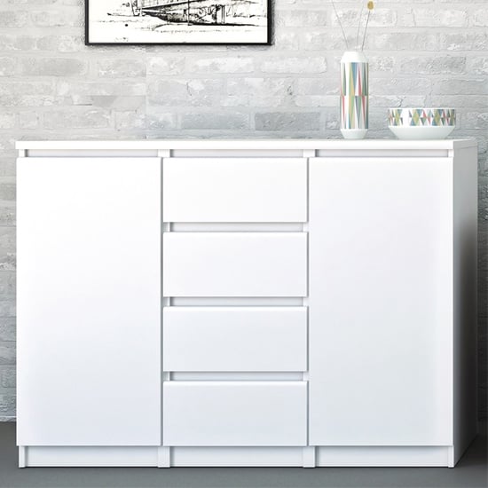 Product photograph of Nakou High Gloss 2 Doors 4 Drawers Sideboard In White from Furniture in Fashion