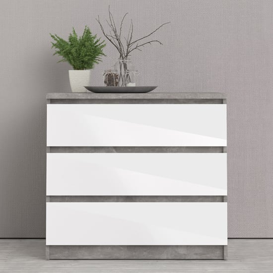 Product photograph of Nakou High Gloss Chest Of 3 Drawers In Concrete And White from Furniture in Fashion