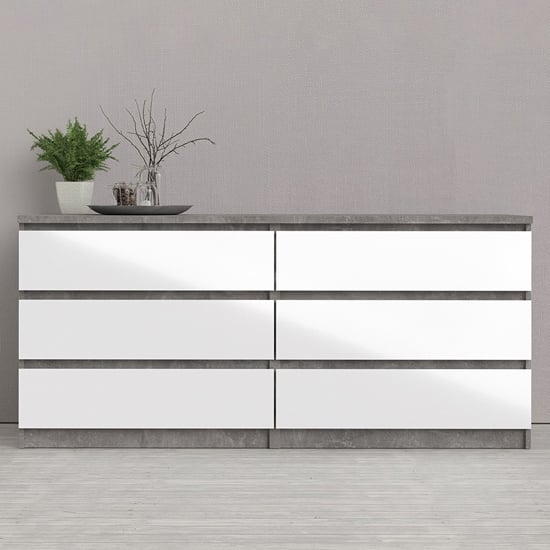 Nakou Wide High Gloss Chest Of 6 Drawers In Concrete And White