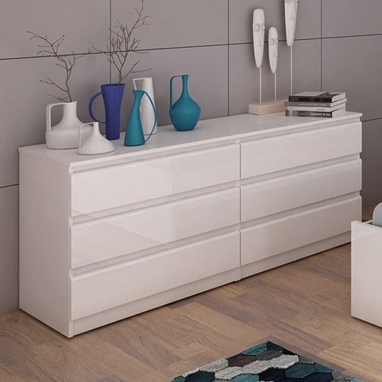 Product photograph of Nakou Wide High Gloss Chest Of 6 Drawers In White from Furniture in Fashion