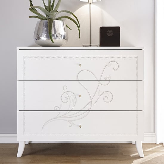 Product photograph of Nevea Wooden Chest Of Drawers In Serigraphed White from Furniture in Fashion