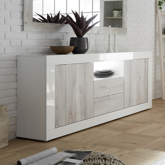 Product photograph of Nitro Led 2 Door 2 Drawer White Gloss Sideboard In White Pine from Furniture in Fashion