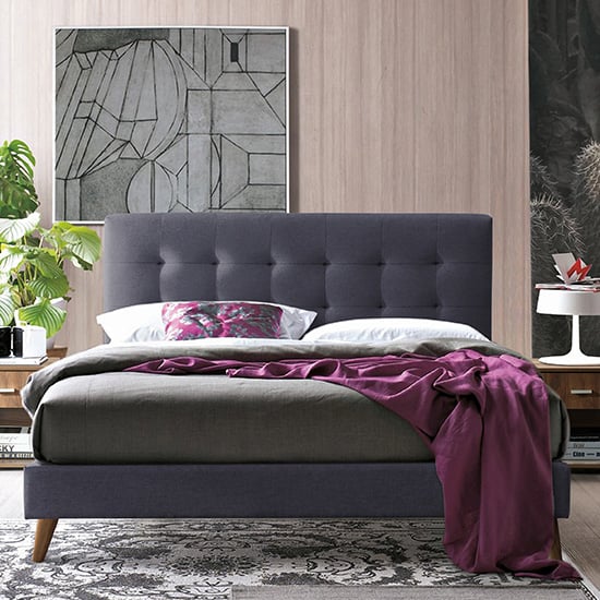 Novara Fabric King Size Bed In Dark Grey With Oak Legs
