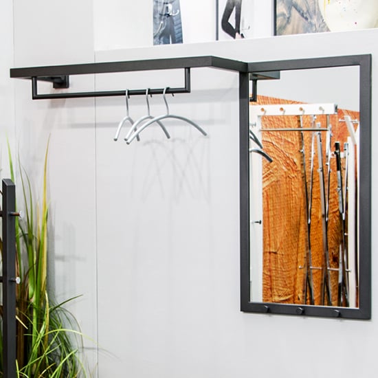 Product photograph of Orem Metal Wall Hung Coat Rack With Mirror In Anthracite from Furniture in Fashion