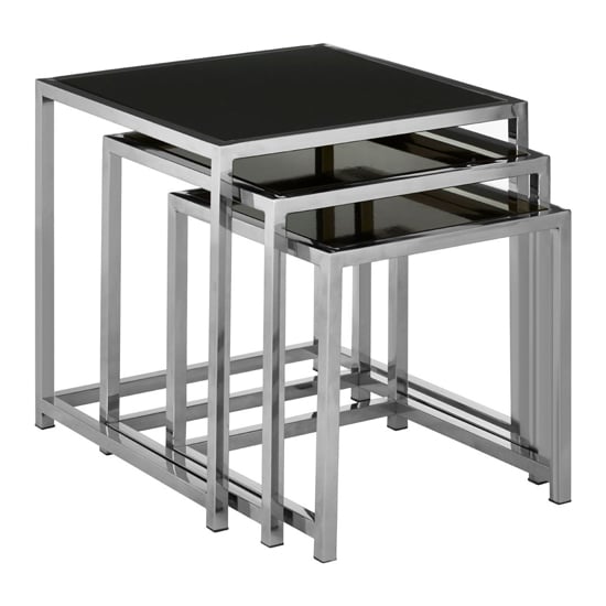 Orion Square Black Glass Top Nest Of 3 Tables With Chrome Frame