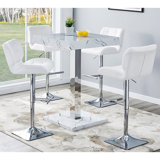 Topaz Vida Marble Effect Bar Table 4 Candid White Stools