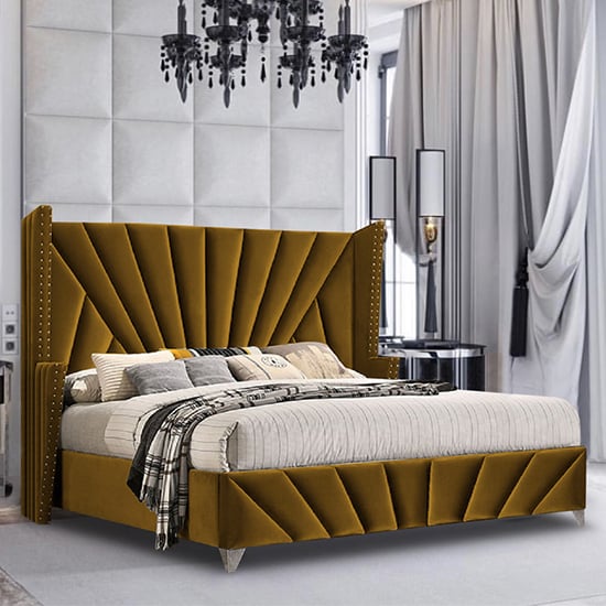Product photograph of Pikeville Plush Velvet King Size Bed In Mustard from Furniture in Fashion