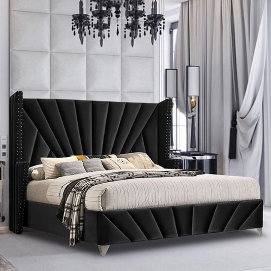 Product photograph of Pikeville Plush Velvet Super King Size Bed In Black from Furniture in Fashion