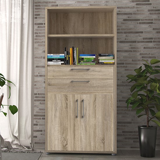 Product photograph of Prax Tall 2 Doors 2 Drawers Office Storage Cabinet In Oak from Furniture in Fashion