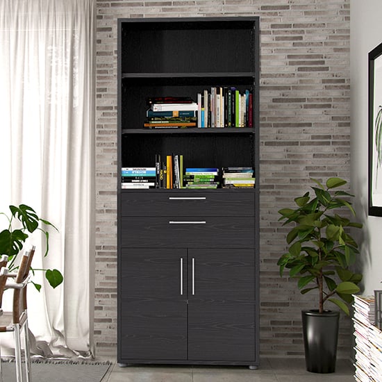 Product photograph of Prax Tall 2 Drawers 2 Doors Office Storage Cabinet In Black from Furniture in Fashion