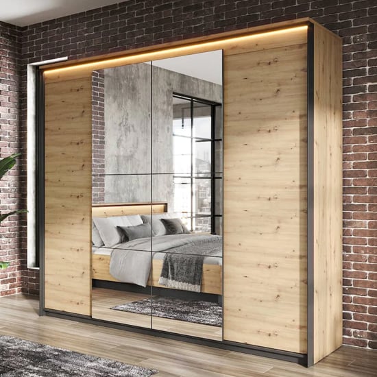 Qesso Mirrored Wardrobe 2 Hinged Doors In Artisan Oak With LED