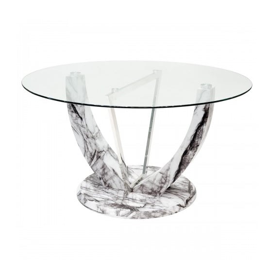 Product photograph of Riviera Glass Dining Table Round In Clear And Marble Effect from Furniture in Fashion