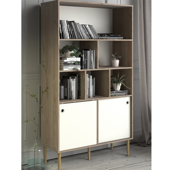 Product photograph of Roxo Wooden 2 Sliding Doors Bookcase In Oak And White from Furniture in Fashion