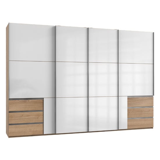 Product photograph of Royd Sliding Wide Wardrobe In White And Planked Oak 4 Doors from Furniture in Fashion