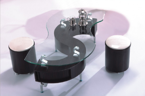 Shanghai Glass Top Coffee Table with 2 Stools (Nut-Brown Finish)