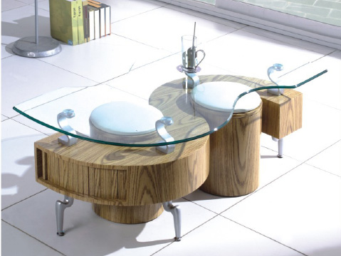 Shanghai Glass Top Coffee Table with 2 Stools - Oak Finish