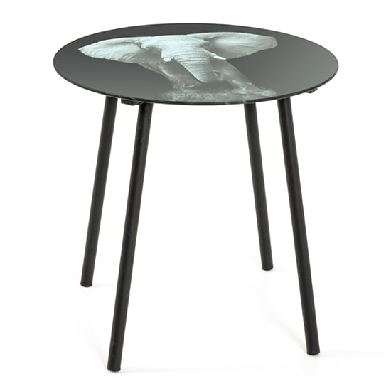 Product photograph of Simons Glass Side Table In Elephant Print With Black Metal Legs from Furniture in Fashion