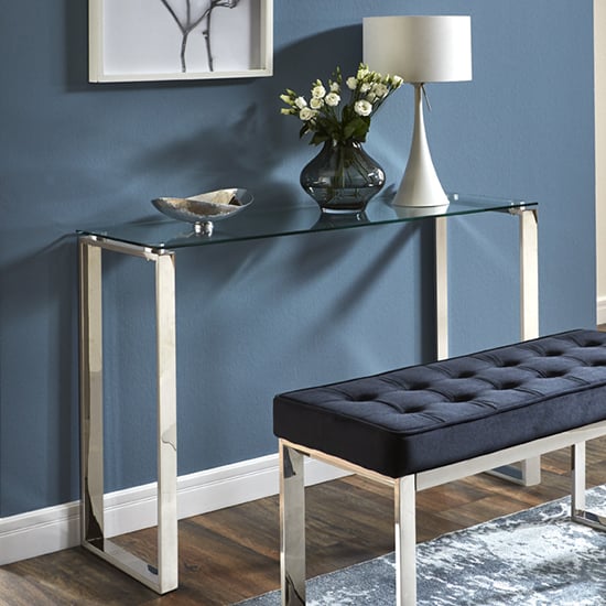 Product photograph of Sioux Clear Glass Console Table With Stainless Steel Legs from Furniture in Fashion