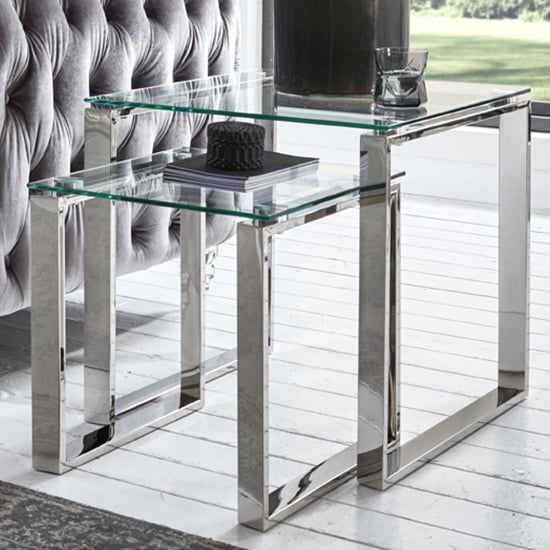 Product photograph of Sioux Clear Glass Nest Of 2 Tables With Stainless Steel Legs from Furniture in Fashion