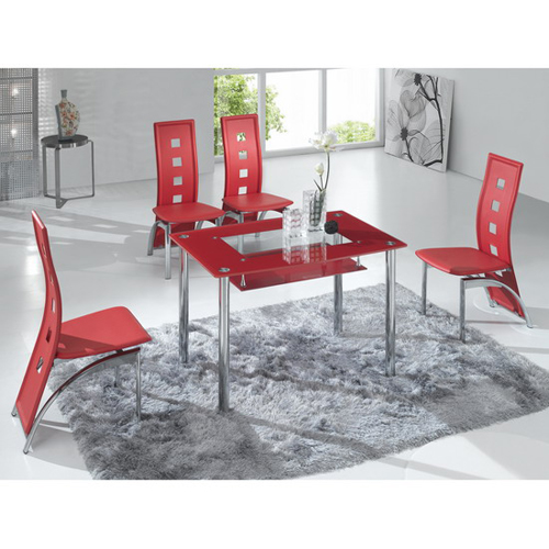 Red Small Compact Glass Dining Table with 4 D-215 Red Chairs