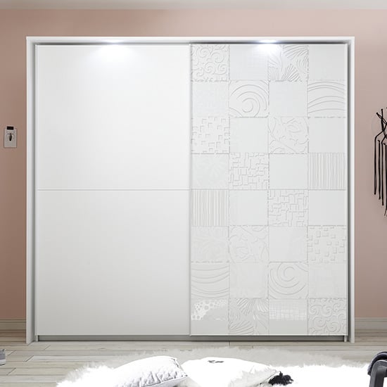 Product photograph of Soxa Led Wooden Sliding Door Wardrobe In Serigraphed White from Furniture in Fashion