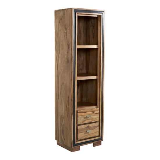Product photograph of Spica Wooden Slim Bookcase In Natural Sheesham With 2 Drawers from Furniture in Fashion