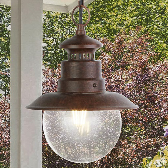 Product photograph of Station Outdoor Clear Acrylic Pendant Light In Rustic Brown from Furniture in Fashion