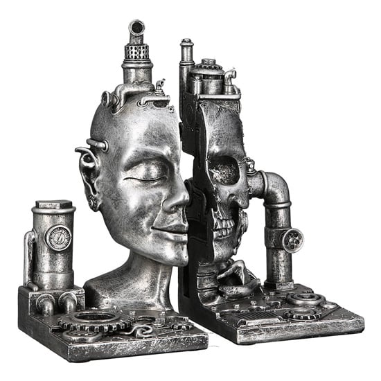 Product photograph of Steampunk Bookend Skull Poly Sculpture In Antique Silver from Furniture in Fashion