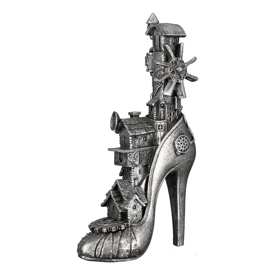 Product photograph of Steampunk High Heel Poly Sculpture In Antique Silver from Furniture in Fashion